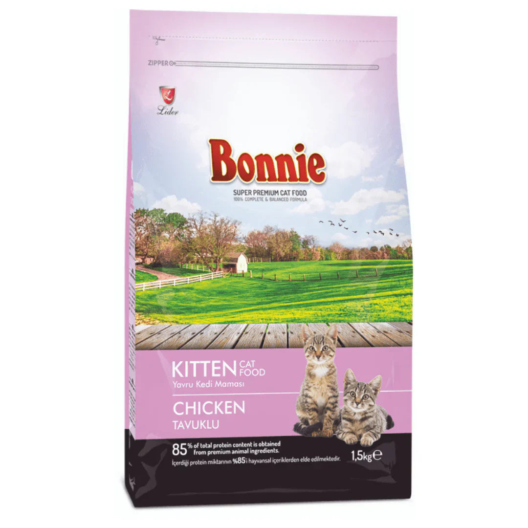 "Bonnie Kitten Food – Chicken recipe packed with essential nutrients for healthy growth, strong immunity, and optimal digestion. Perfect for kittens to thrive and develop strong muscles."