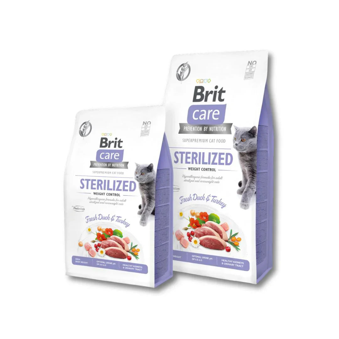 "Brit Care Grain-Free Sterilized Cat Food – specially formulated to support weight management, maintain muscle mass, and provide balanced nutrition for neutered and sterilized cats."