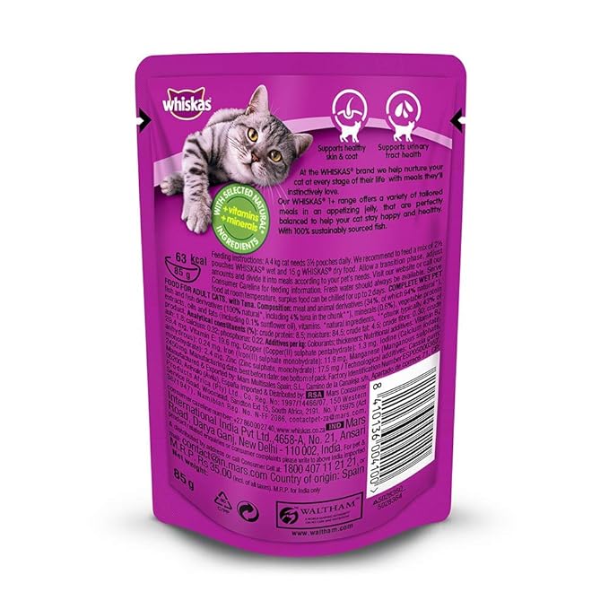 Whiskas Adult Cat Food 1+ in Jelly Pouch – Delicious &amp; Complete Wet Food for Cats, Enriched with Essential Nutrients for Health &amp; Vitality.