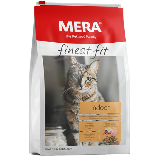 "MERA Finest Fit Indoor Cat Food offers premium nutrition for indoor cats. Made with high-quality ingredients to support a healthy weight, digestion, and coat. Perfect for your feline’s well-being!"