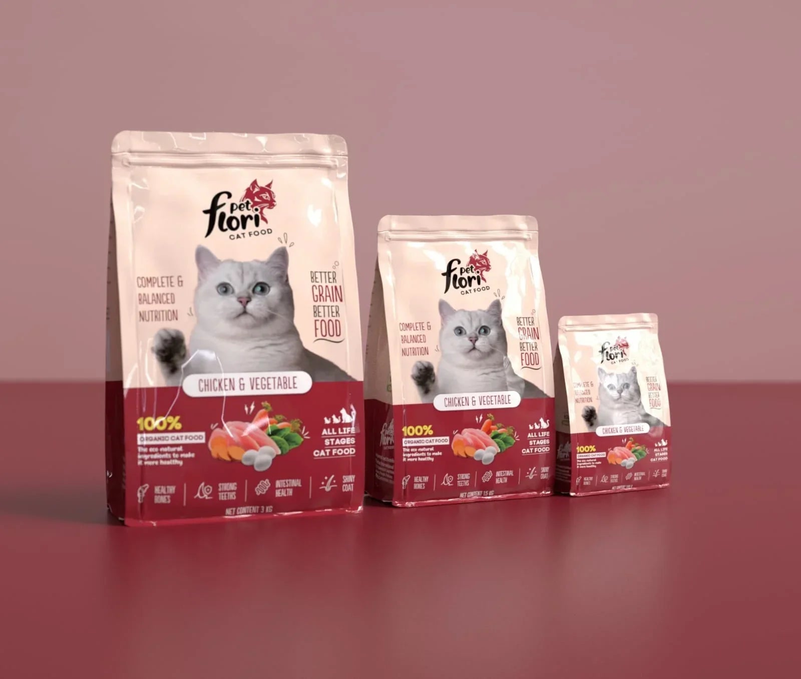 "Flori Pet Cat Food – a delicious chicken &amp; vegetable recipe packed with essential nutrients to support healthy digestion, strong muscles, and overall well-being for adult cats."