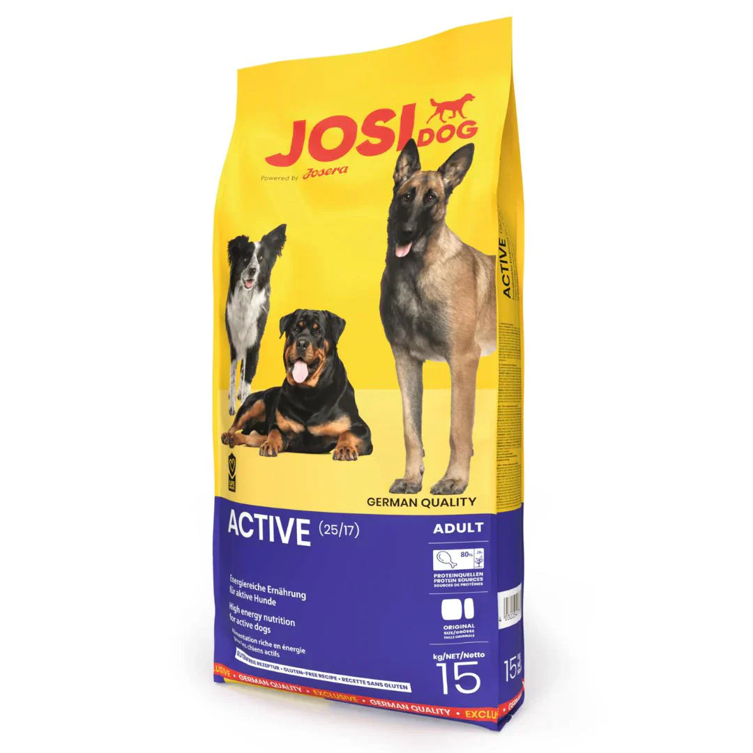 "JosiDog Active Dog Food – high-energy nutrition for active and sport dogs, packed with premium protein and essential nutrients to support stamina, muscle strength, and overall vitality."
