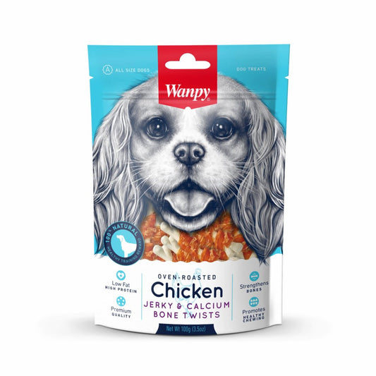 Wanpy Adult Dog Chicken &amp; Calcium Bone Twists - 100G – A delicious and nutritious treat made with real chicken and calcium to support strong bones and teeth. Perfect for rewarding your dog with a tasty, protein-rich snack.
