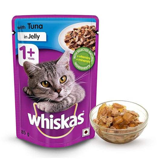 Whiskas Adult Cat Food 1+ in Jelly Pouch – Delicious &amp; Complete Wet Food for Cats, Enriched with Essential Nutrients for Health &amp; Vitality.